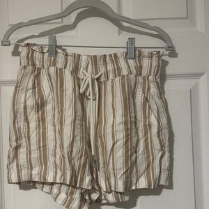 LOFT High Waist Striped Cream and Brown Shorts